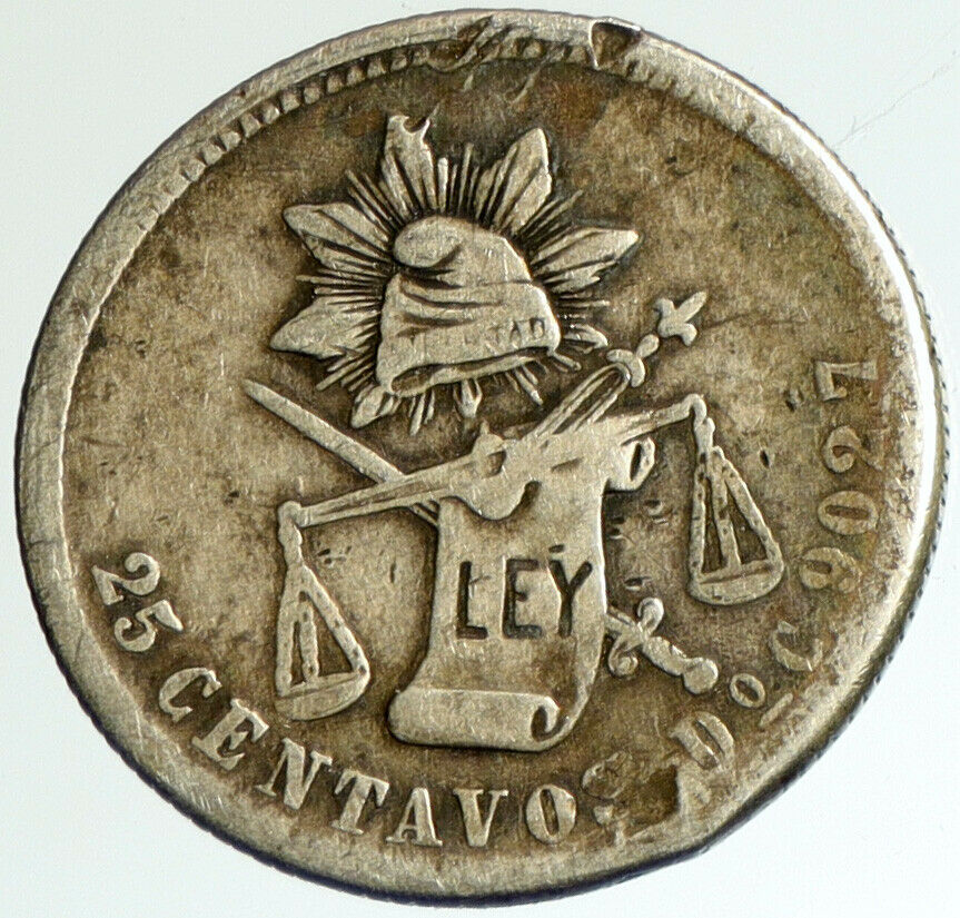 1889 DoC MEXICO Eagle & Cap Antique OLD Mexican Silver 25 Centavos Coin i102311