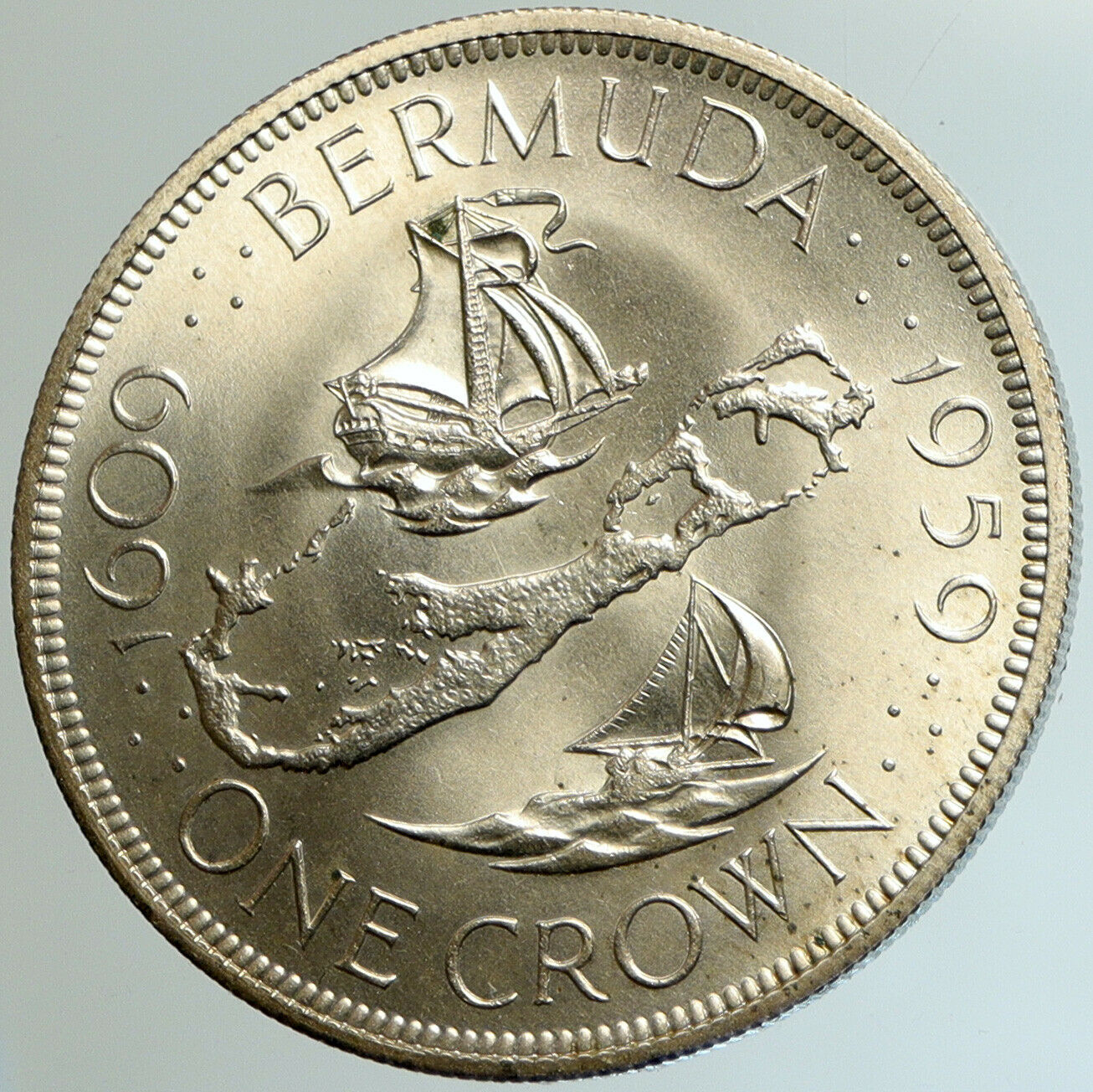 1959 BERMUDA British Colony Elizabeth II LARGE Boats Silver Crown Coin i102141