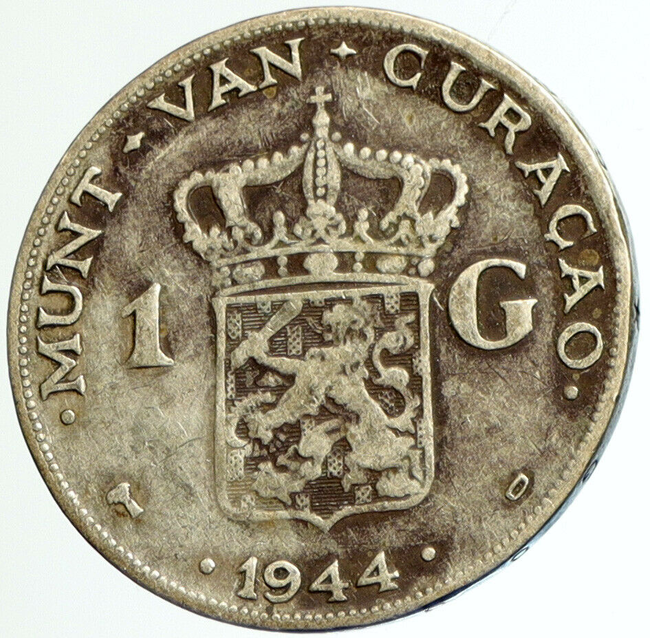 1944 D CURACAO Netherlands Kingdom Queen WILHELMINA Silver 1 Gulden Coin i102298