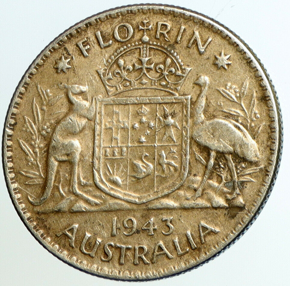 1943 AUSTRALIA King George VI Kangaroos VINTAGE Old Silver Florin Coin i102296