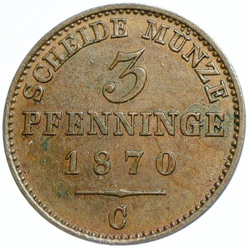 1870 C GERMAN STATES PRUSSIA King WILHELM I Antique OLD 3 Pfenninge Coin i102371