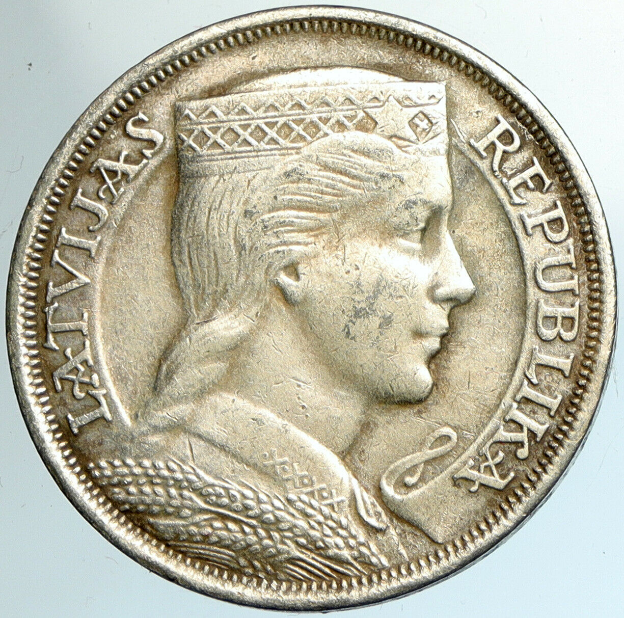 1931 LATVIA w Female Headwear 5 Lati LARGE Vintage Silver European Coin i102358