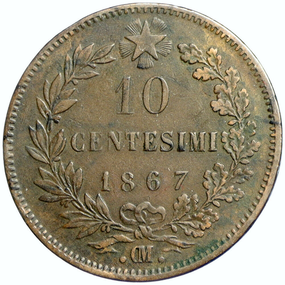 1867 M ITALY King Victor Emmanuel II Antique ITALIAN 10 Centesimi Coin i102405