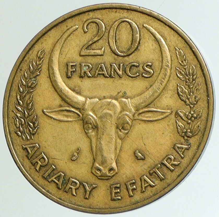 1970 MADAGASCAR Zebu BULL Horns FRANCE VINTAGE Old 20 Francs French Coin i102171