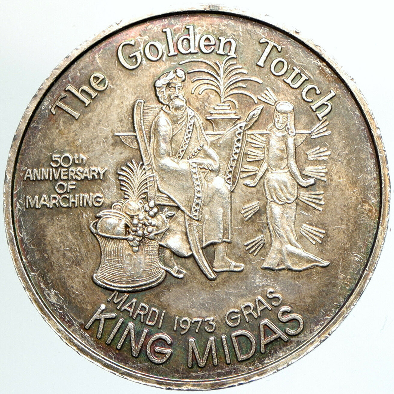 1973 USA US New Orleans KING MIDAS Golden Touch MARDI GRAS Silver Medal i102180