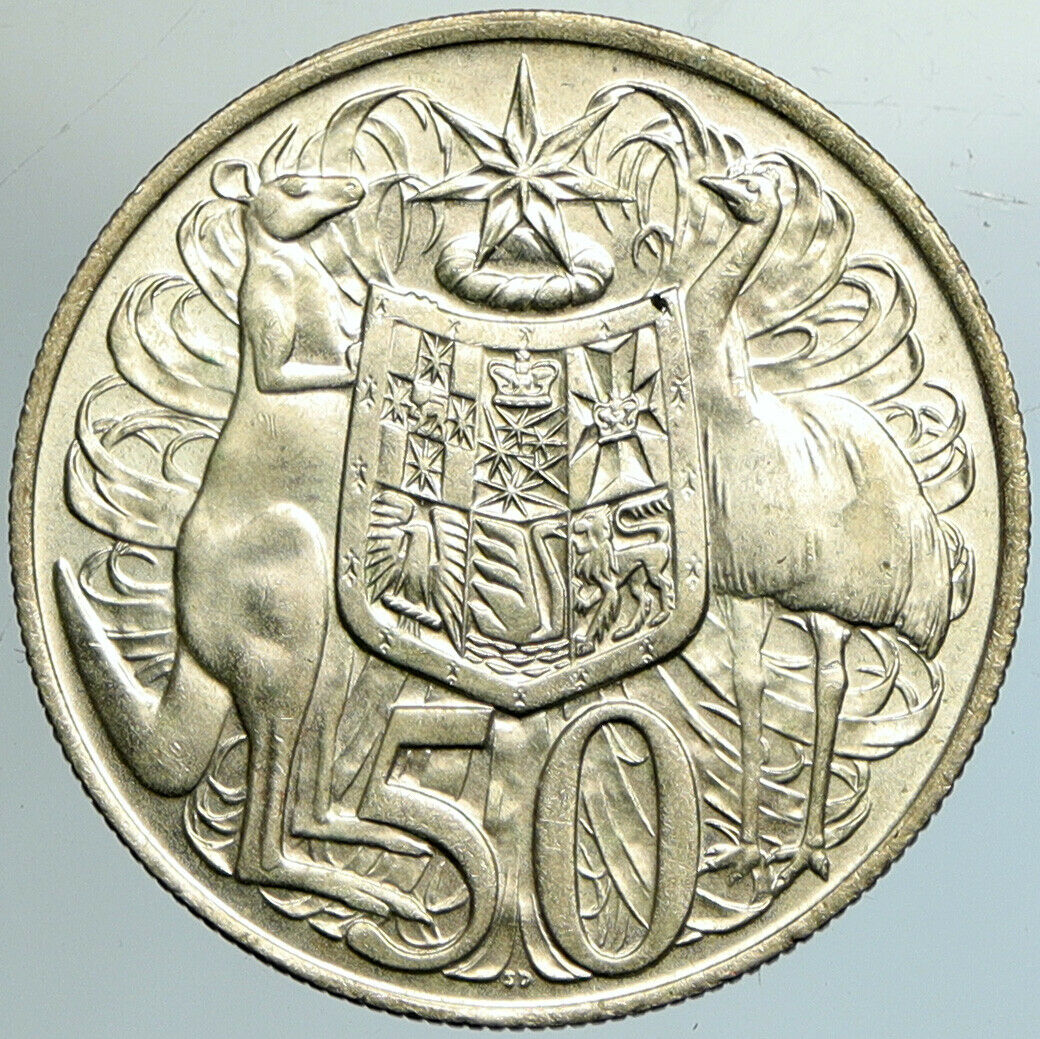 1966 AUSTRALIA UK Queen Elizabeth II with Kangaroos Silver 50 Cents Coin i102155