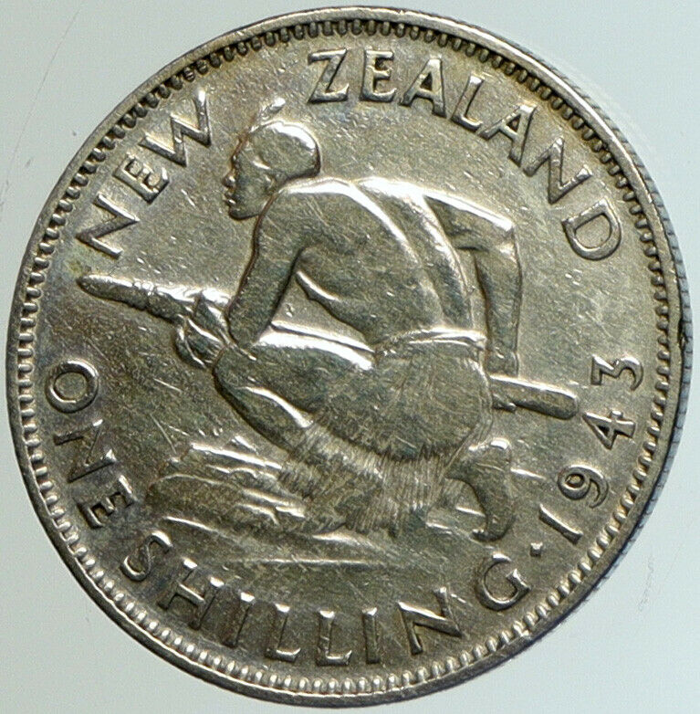 1943 NEW ZEALAND UK GEORGE VI Native Maori Warrior Silver Shilling Coin i102161