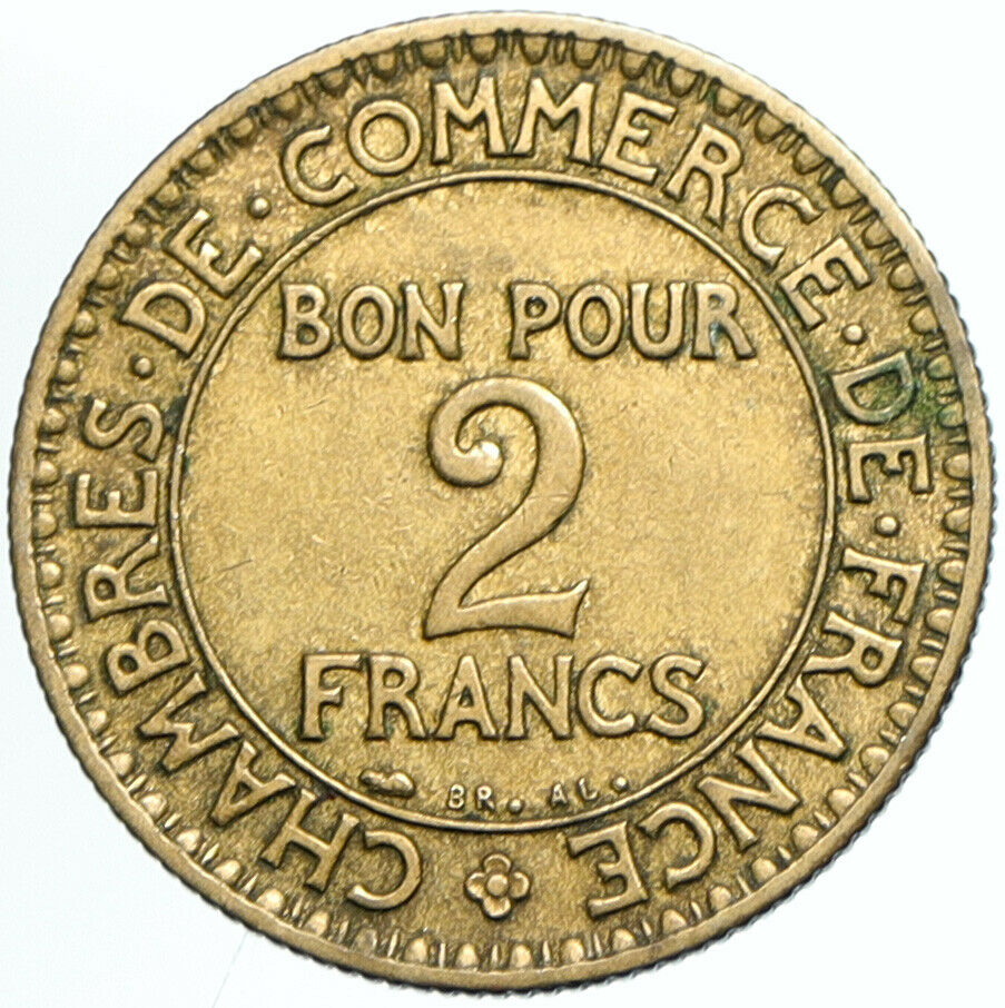 1923 FRANCE Antique CHAMBERS OF COMMERCE Industry 2 Francs French Coin i102182