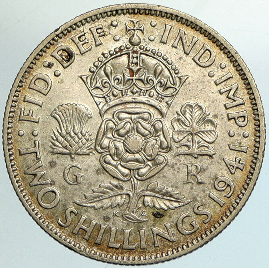 1941 GREAT BRITAIN United Kingdom King George VI SILVER 2 SHILLING Coin i102158