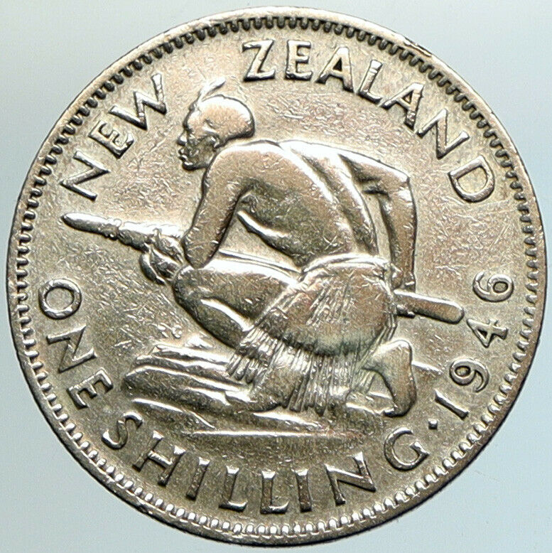 1946 NEW ZEALAND UK GEORGE VI Native Maori Warrior Silver Shilling Coin i102160