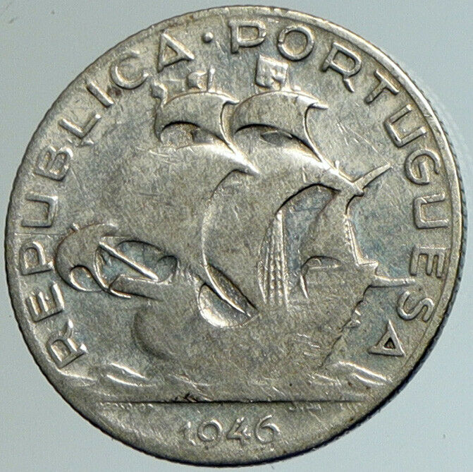 1946 PORTUGAL Sailing Boat SHIP Vintage OLD Silver 2 1/2 Escudos Coin i102168