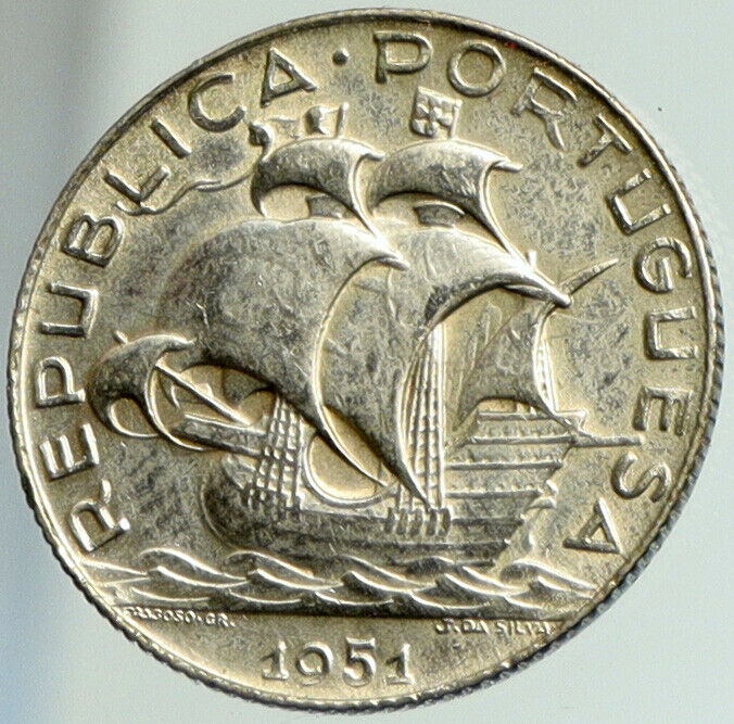 1951 PORTUGAL Sailing Boat SHIP Vintage OLD Silver 2 1/2 Escudos Coin i102224