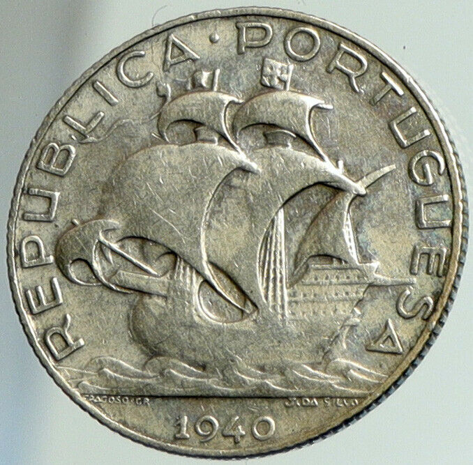 1940 PORTUGAL Sailing Boat SHIP Vintage OLD Silver 2 1/2 Escudos Coin i102223