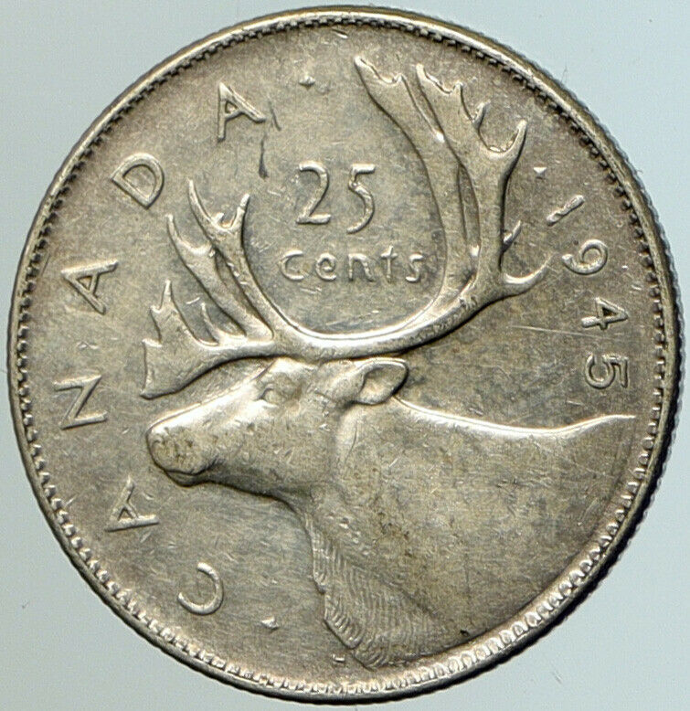 1945 CANADA King George VI of Britain ANTLER CARIBOU Silver 25 Cent Coin i102236