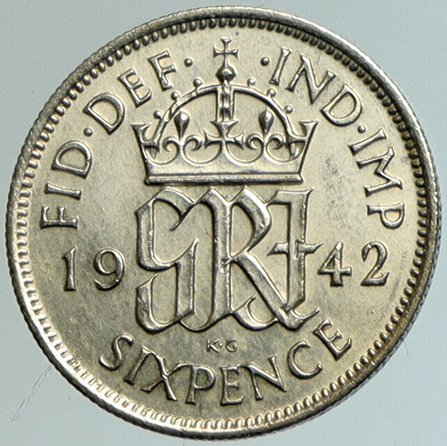 1942 UK Great Britain United Kingdom KING GEORGE VI Silver SIXPENCE Coin i102231