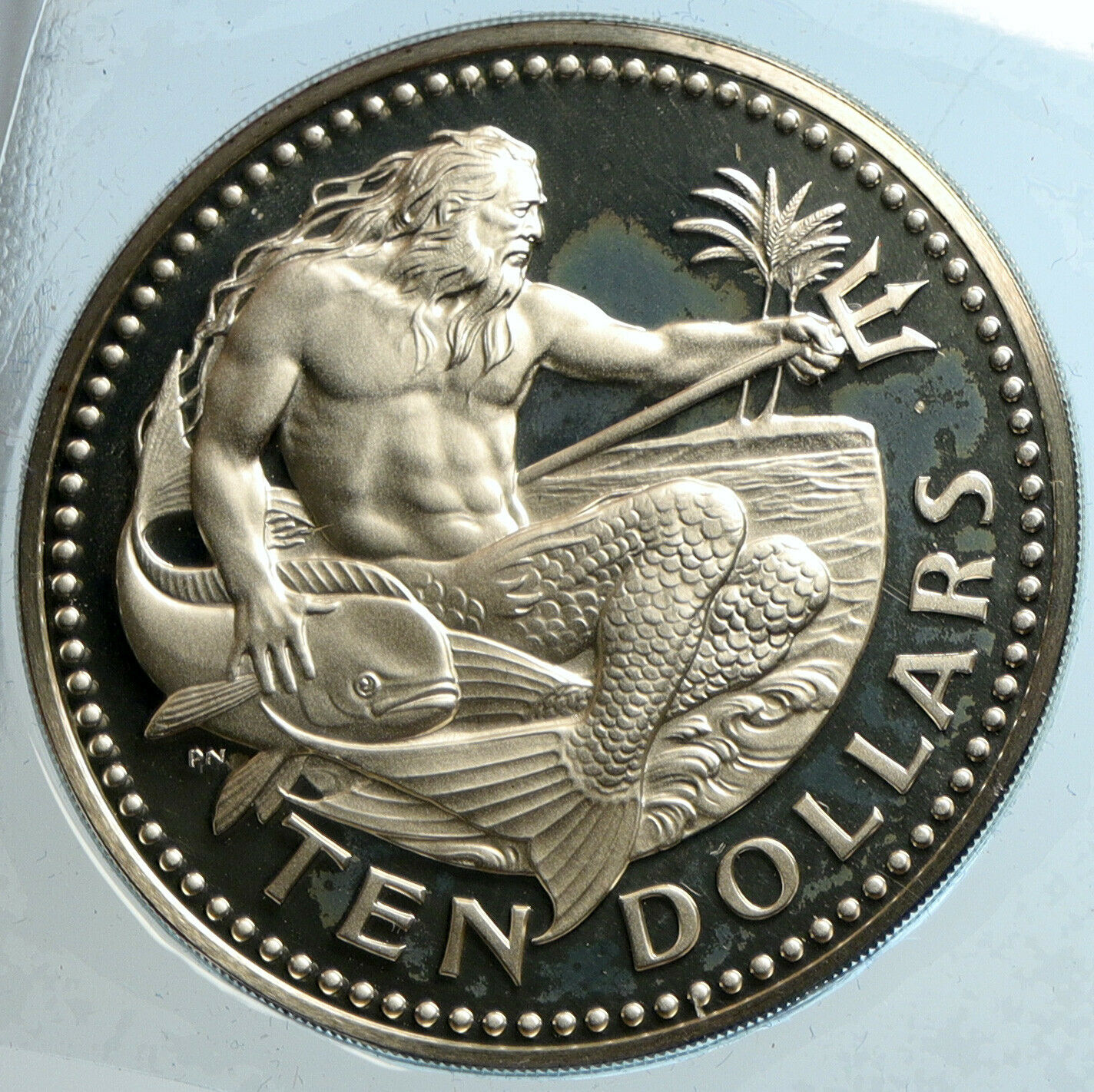 1973 BARBADOS Huge VINTAGE NEPTUNE Old Proof Silver 10 Dollars Coin i103177