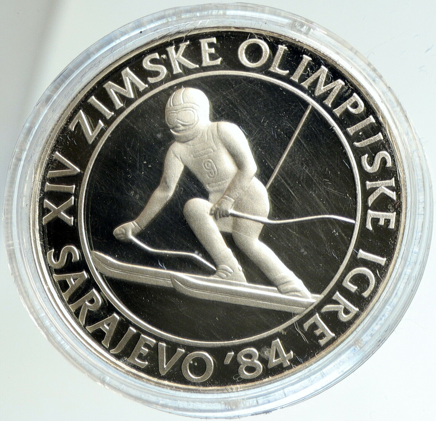 1984 YUGOSLAVIA Winter Olympic SARAJEVO Slalom Skier PF Silver 500D Coin i103132