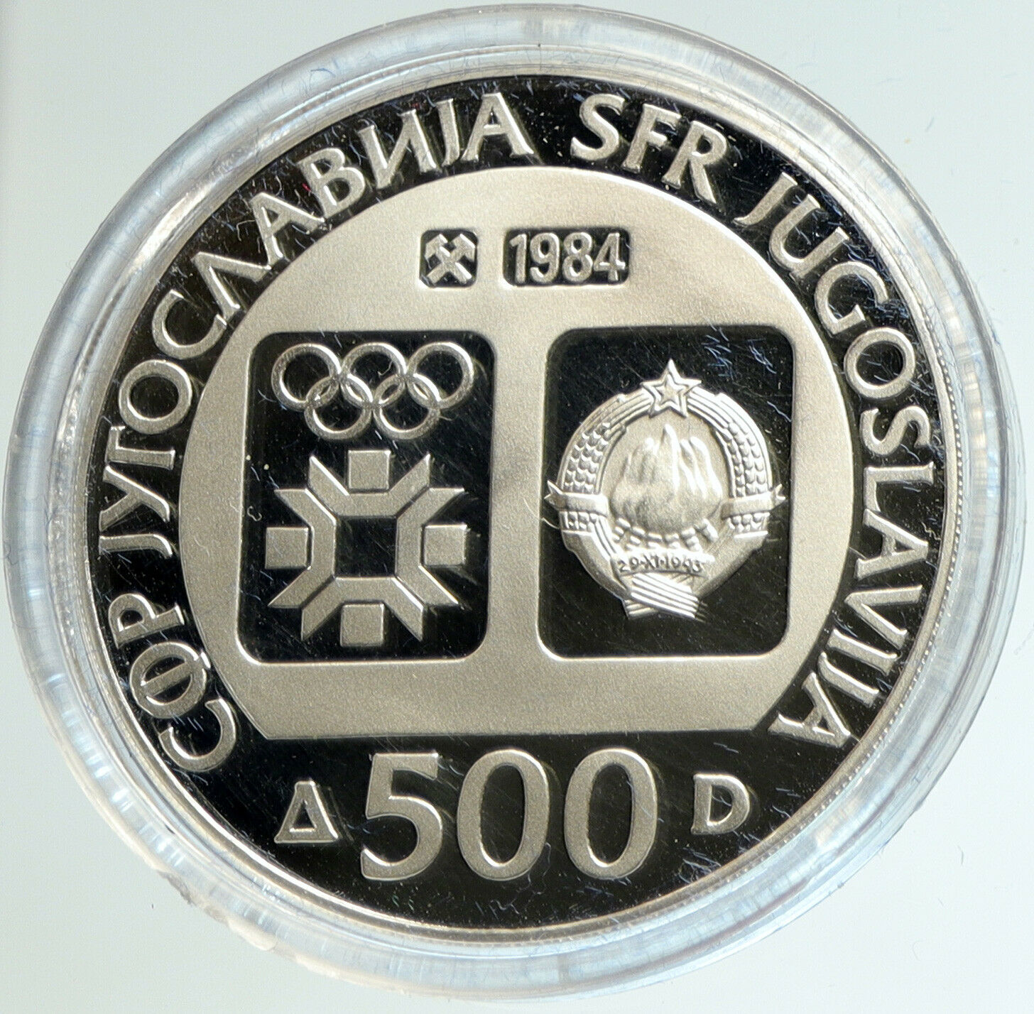 1984 YUGOSLAVIA Winter Olympic SARAJEVO Slalom Skier PF Silver 500D Coin i103132