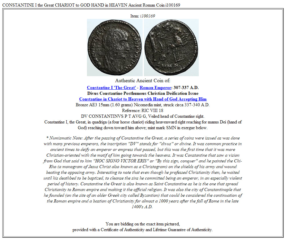 CONSTANTINE I the Great CHARIOT to GOD HAND in HEAVEN Ancient Roman Coin i100169