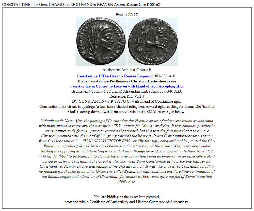 CONSTANTINE I the Great CHARIOT to GOD HAND in HEAVEN Ancient Roman Coin i100168