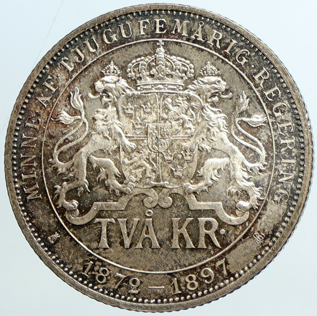 1897 SWEDEN King Oscar II Shield ANTIQUE SWEDISH Silver 2 Kronor Coin i101306