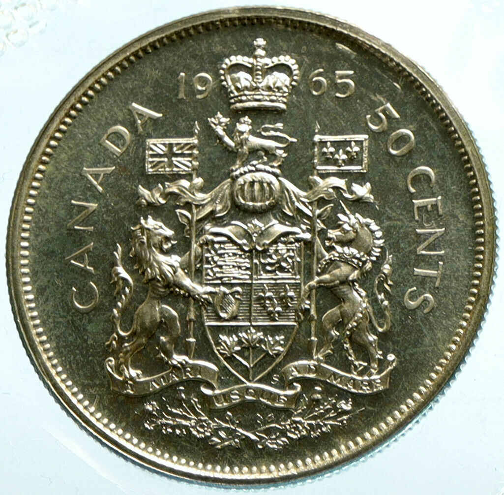 1965 CANADA Queen Elizabeth II Arms Crown Vintage SILVER 50 Cents Coin i104084