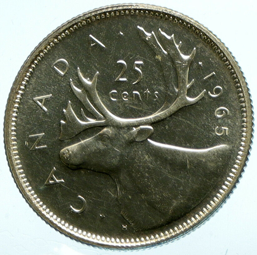 1965 CANADA United Kingdom Elizabeth II CARIBOU Old Silver 25 Cent Coin i104086