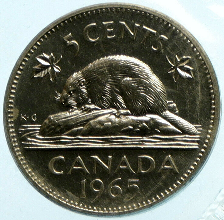 1965 CANADA United Kingdom Queen Elizabeth II BEAVER Old 5 Cent Coin i104085