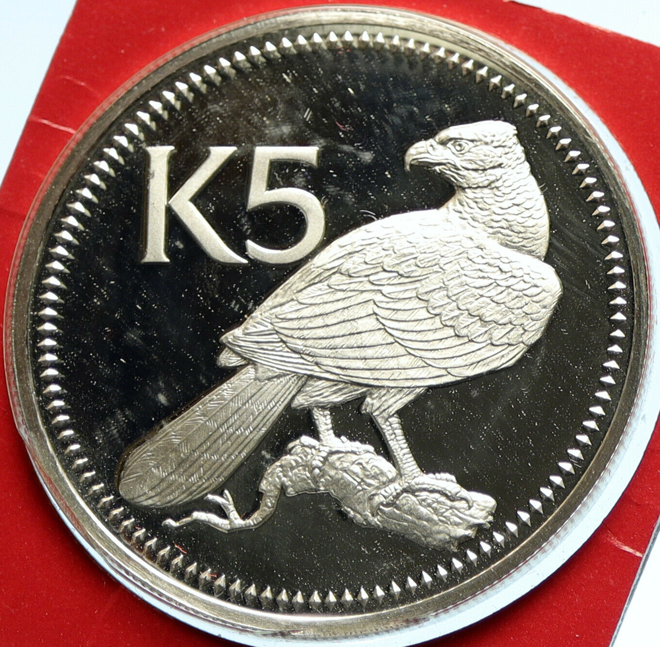 1977 PAPUA NEW GUINEA Proof Silver 5 Kina Coin w PAPUAN Harpy EAGLE i104002