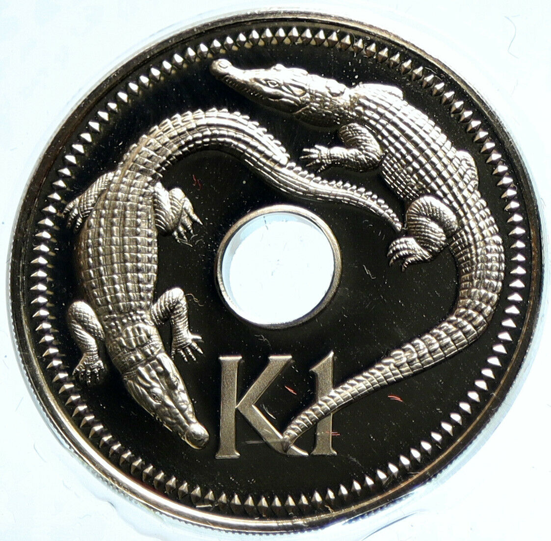 1975 PAPUA NEW GUINEA w CROCODILES around HOLE Old Bank Proof Kina Coin i103983