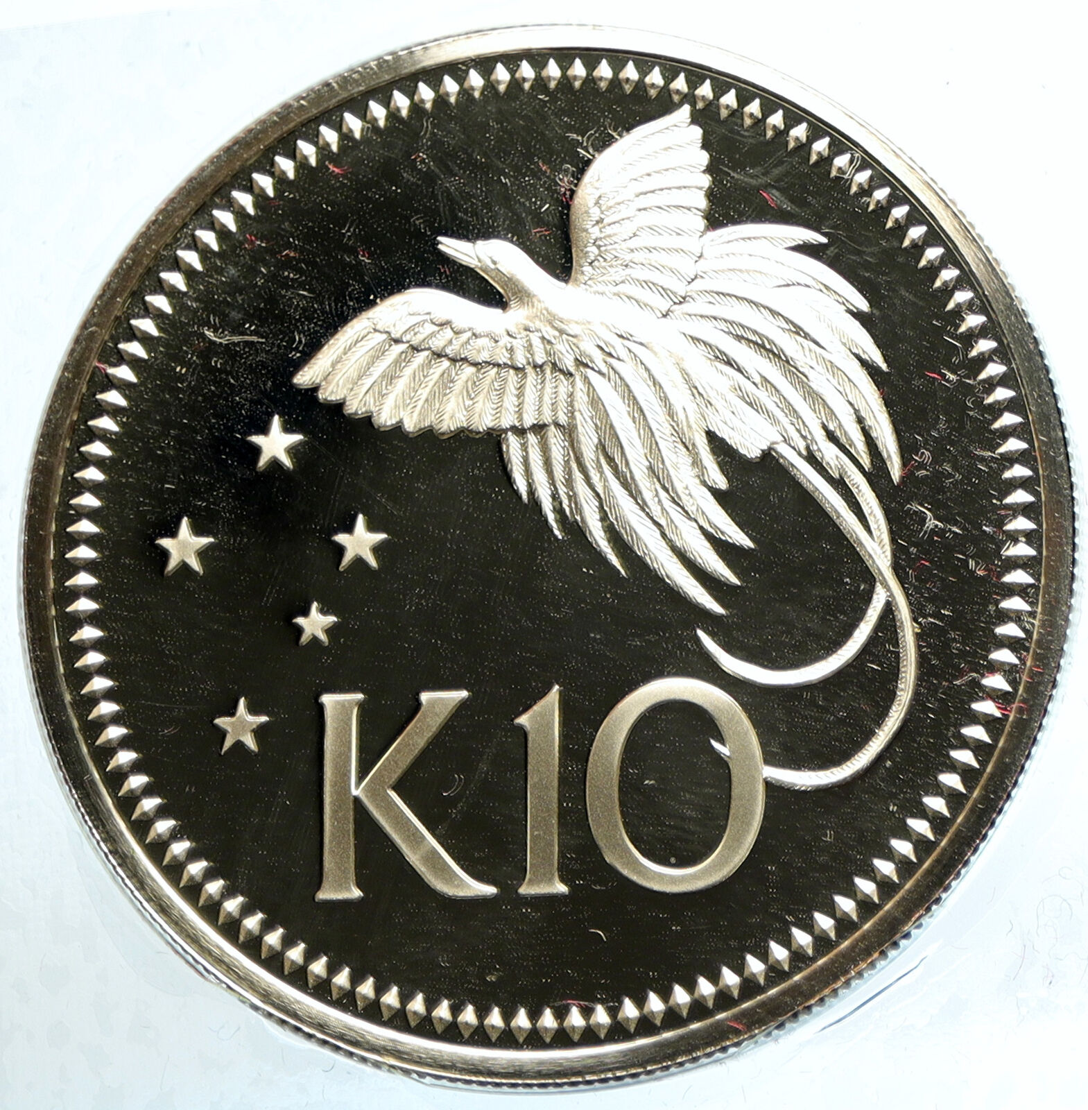 1975 PAPUA NEW GUINEA Large 4.5CM Exotic Bird Proof Silver 10 Kina Coin i103504