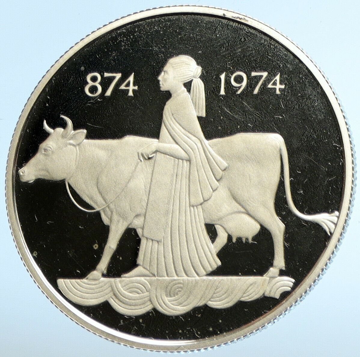 1974 ICELAND FOUR SPIRITS & COW WOMAN Vintage OLD Silver 500 Kronor Coin i102954