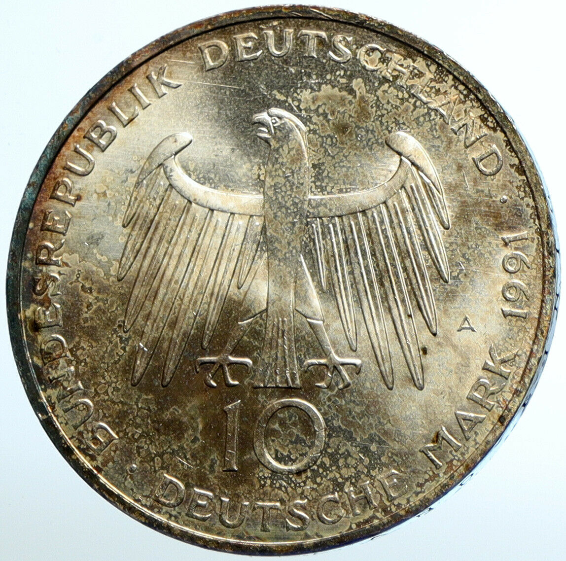 1991 A GERMANY Eagle Brandenburg Gate in Berlin OLD Silver 10 Mark Coin i103483