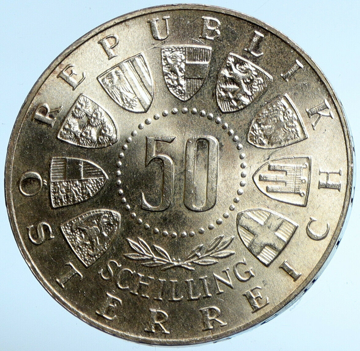 1964 AUSTRIA Innsbruck Winter Olympic Games SKIING BU Silver 50Shlg Coin i102943