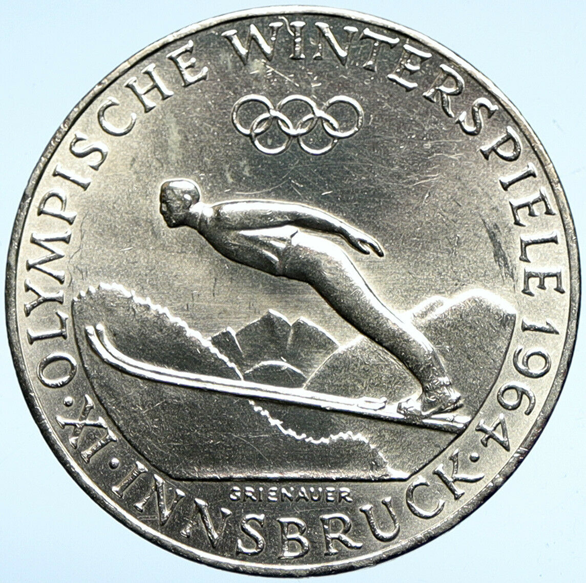 1964 AUSTRIA Innsbruck Winter Olympic Games SKIING BU Silver 50Shlg Coin i102940