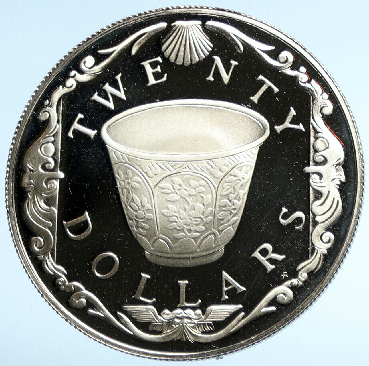 1985 British Virgin Islands TREASURE Porcelain Cup Proof Silver $20 Coin i102975