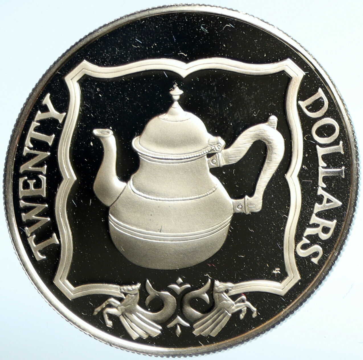 1985 British Virgin Islands TREASURES TEAPOT Old Proof Silver $20 Coin i102989