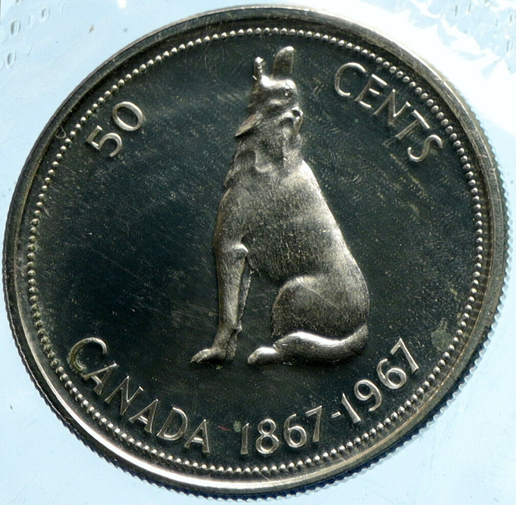 1967 CANADA Queen ELIZABETH II Wolf Howls Vintage Silver 50 Cents Coin i104188