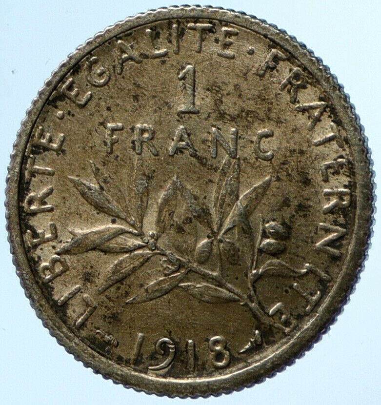 1918 FRANCE La Semeuse Sower Woman ANTIQUE Silver 1 Franc French Coin i104195