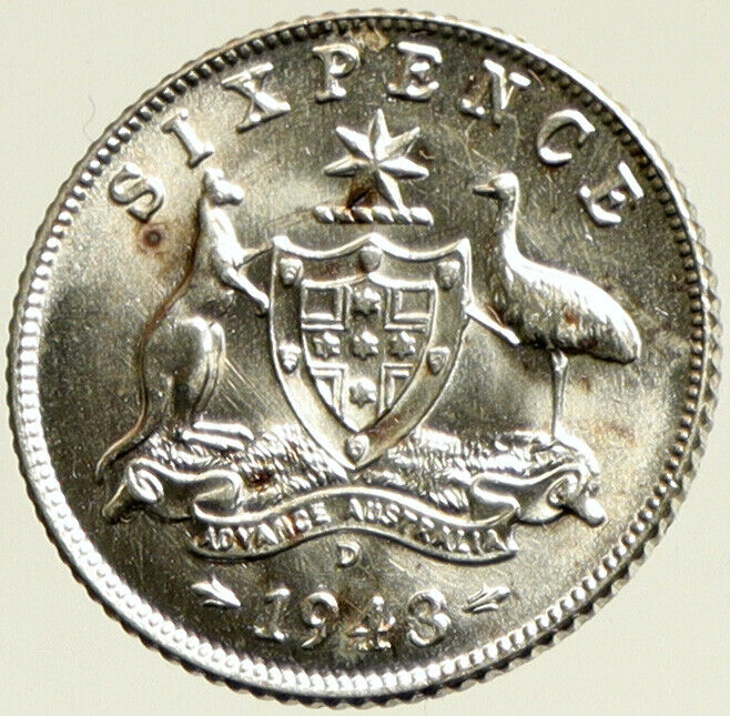 1943D AUSTRALIA King George VI Kangaroos Antique Silver Sixpence Coin i104216