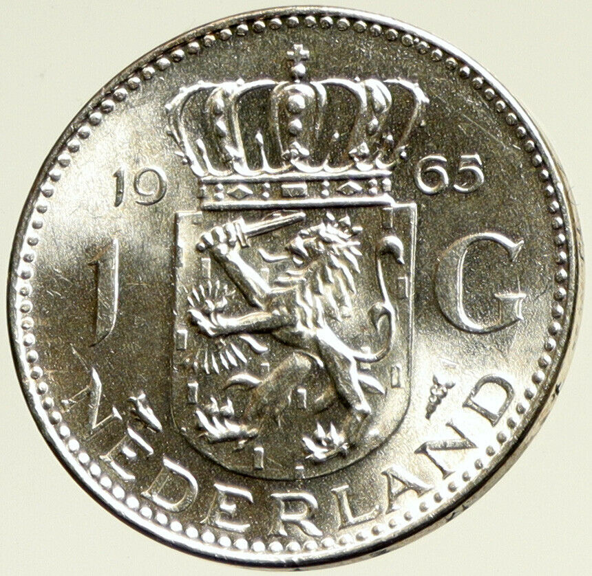 1965 NETHERLANDS Kingdom Queen JULIANA Vintage OLD Silver 1 Gulden Coin i104213