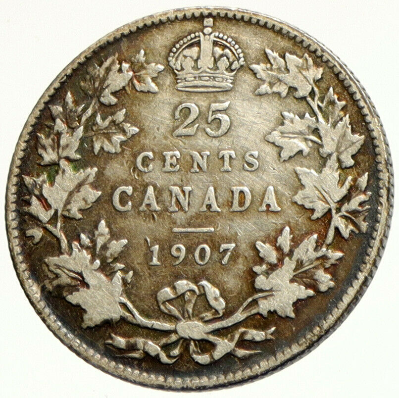 1907 CANADA UK King Edward VII Crown RARE ANTIQUE Silver 25 CENTS Coin i104215