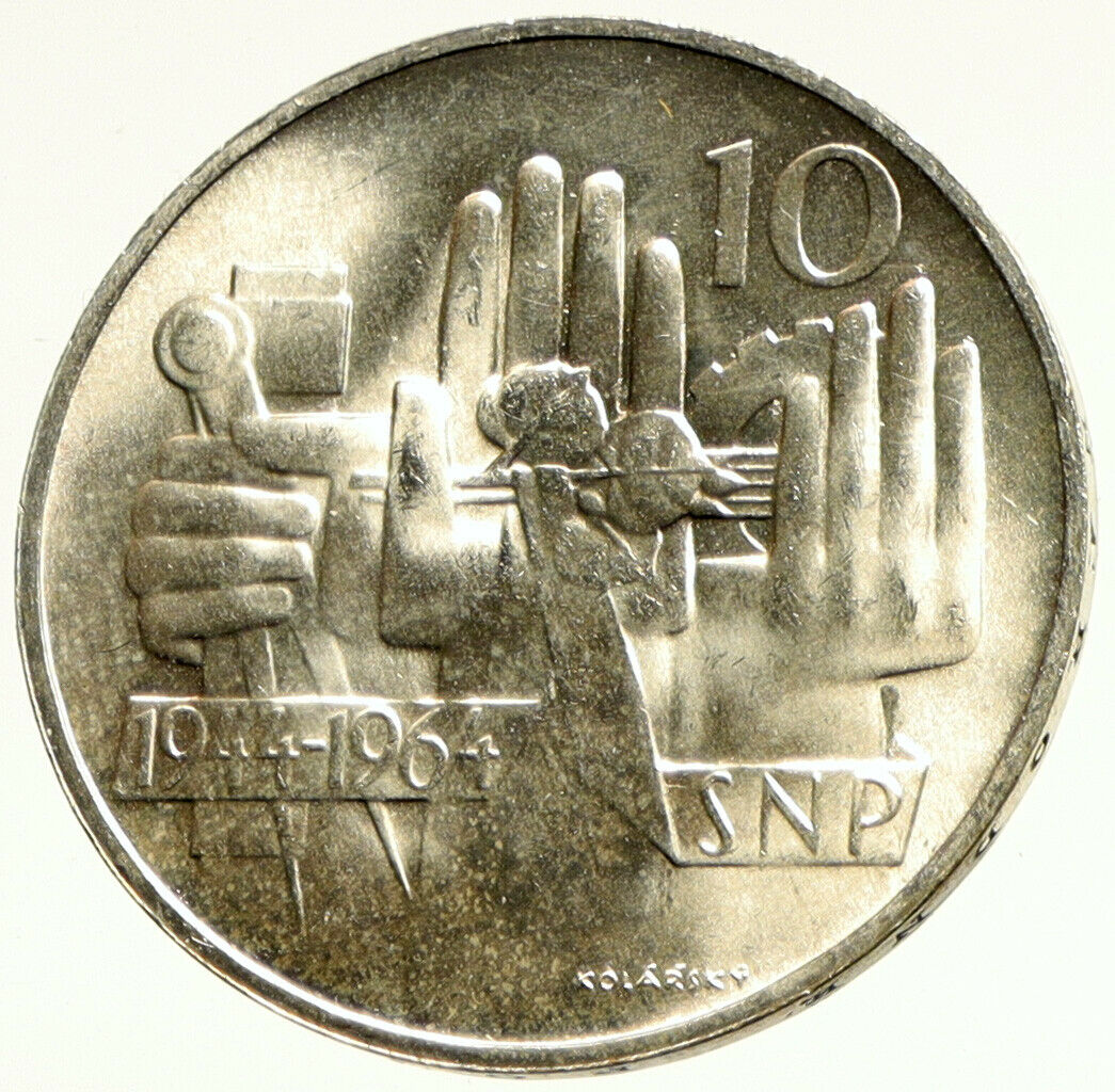 1964 CZECH REPUBLIC Three Hands Linden Old Genuine Silver 10 Korun Coin i104217