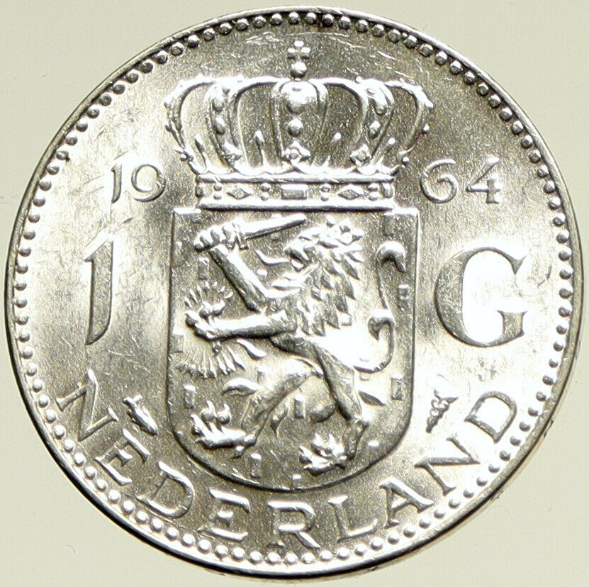 1964 NETHERLANDS Queen JULIANA Vintage Authentic SILVER OLD Gulden Coin i104208