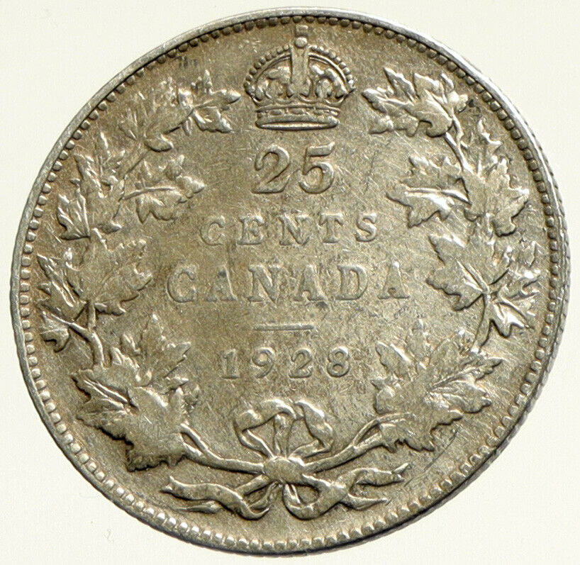 1928 CANADA UK King George V Genuine Antique Old SILVER 25 CENTS Coin i104219