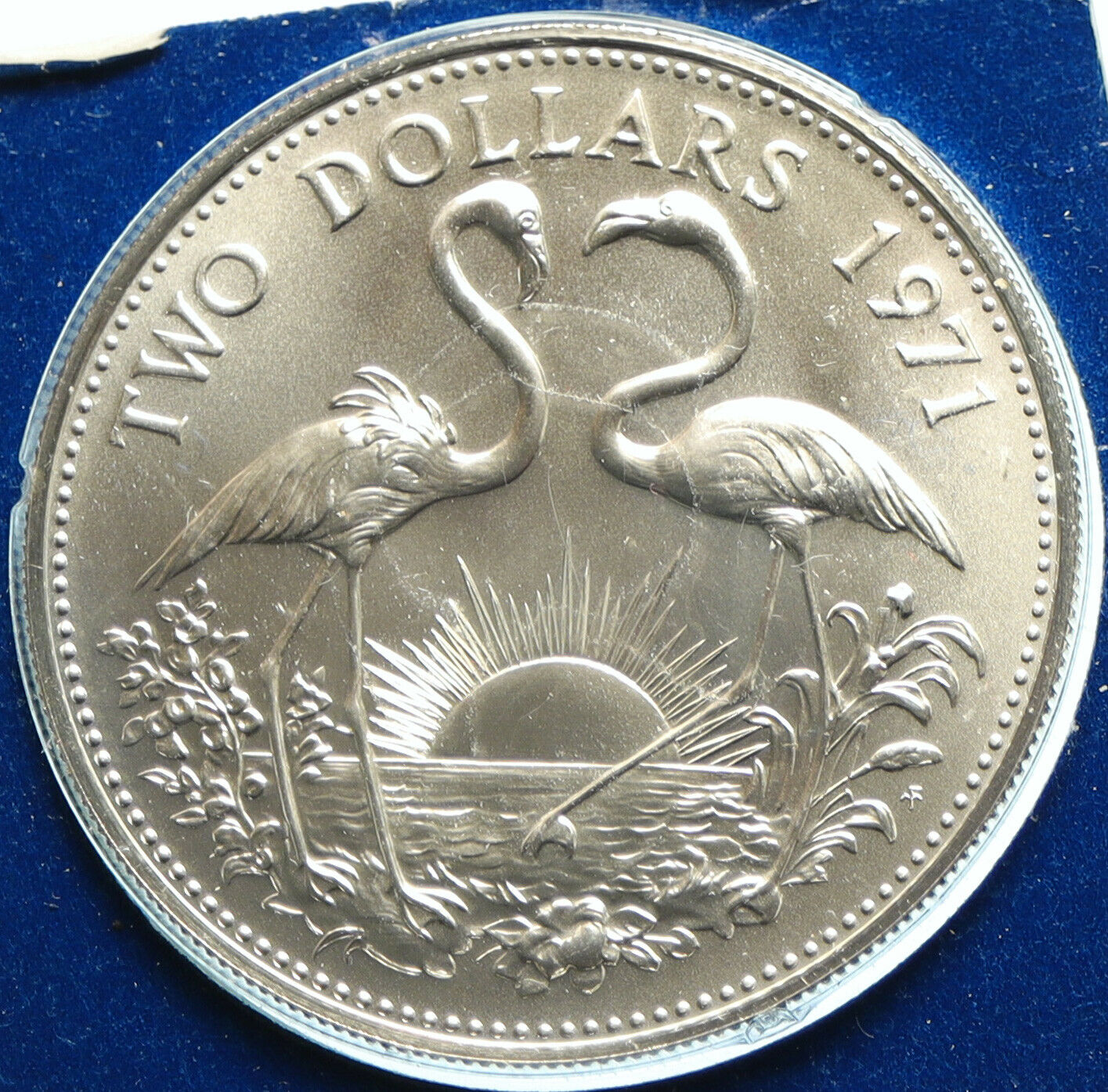 1971 The BAHAMAS Elizabeth II FLAMINGO Birds BU SILVER 2 Dollars Coin i104072