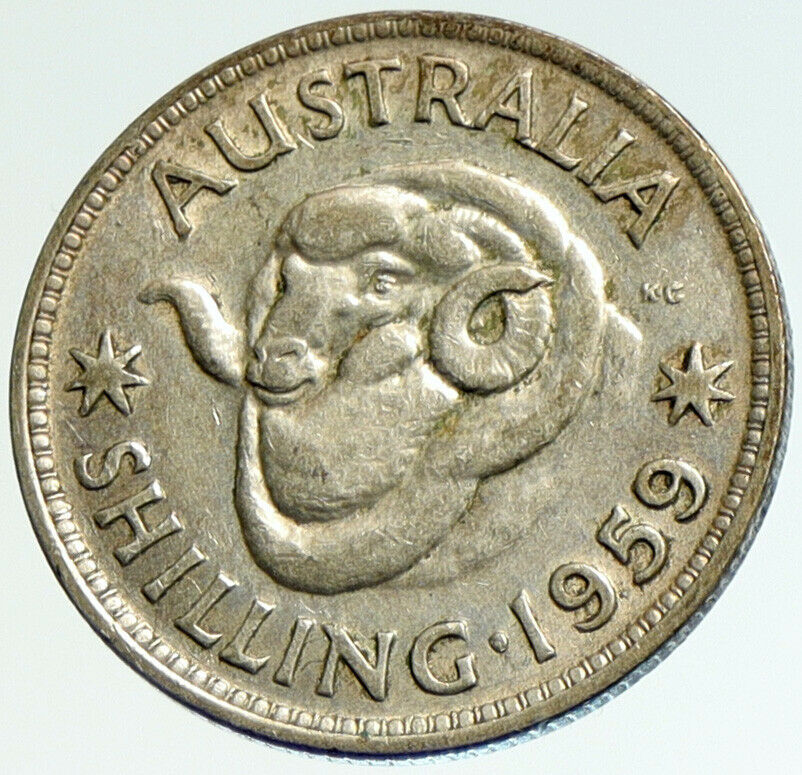 1959 AUSTRALIA UK Queen Elizabeth II of Silver Shilling Vintage Coin RAM i104237