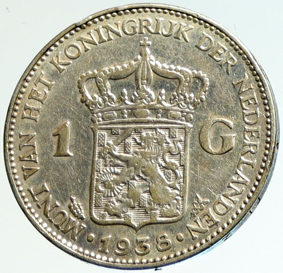 1938 Netherlands Kingdom w Queen WILHELMINA Antique Silver 1 Gulden Coin i104238