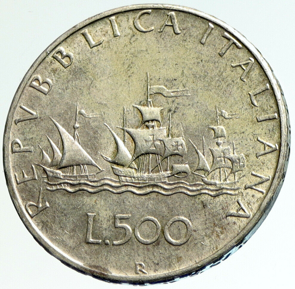 1960 ITALY CHRISTOPHER COLUMBUS Ship DISCOVER America SILVER 500 LR Coin i104235