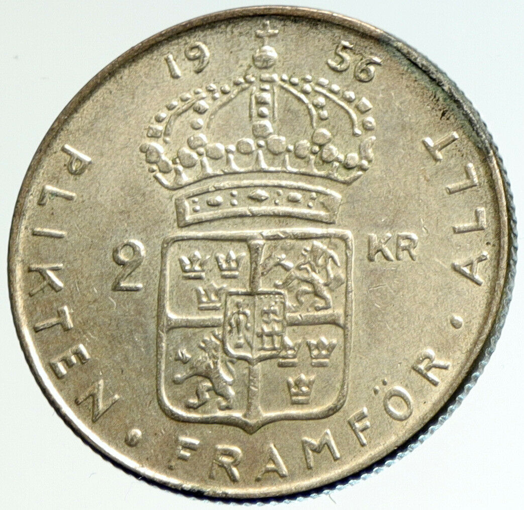 1956 SWEDEN King GUSTAV VI ADOLF 2 Kronor OLD Silver SWEDISH Coin i104241